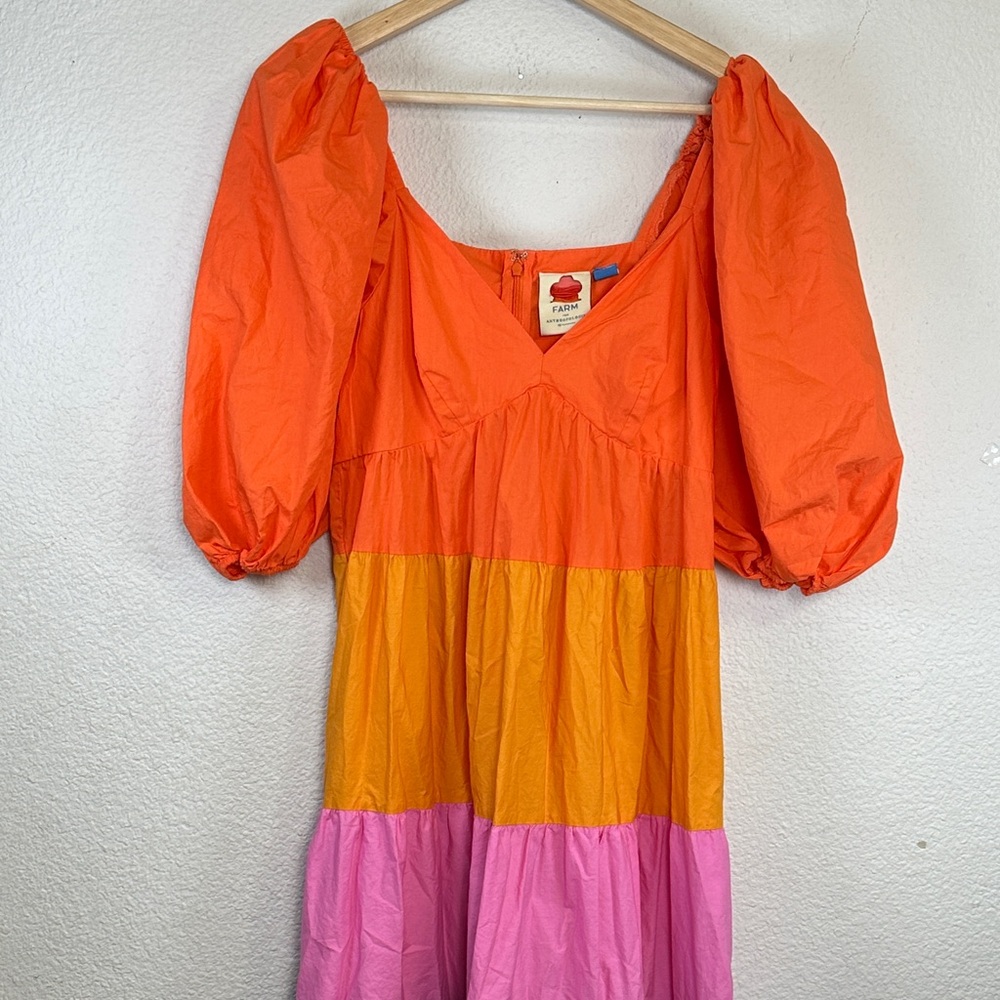 Farm Rio Anthropologie Maxi Dress Color Block Puff Sleeve Small Tiered Boho - Picture 4 of 15